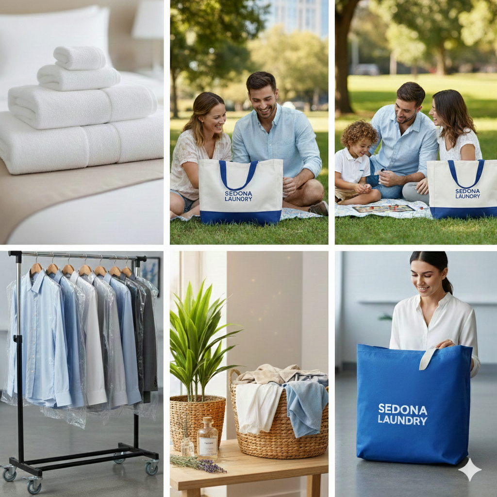 Various laundry services from Sedona Laundry including folded towels, family laundry bag, hanging shirts, and fresh clothes